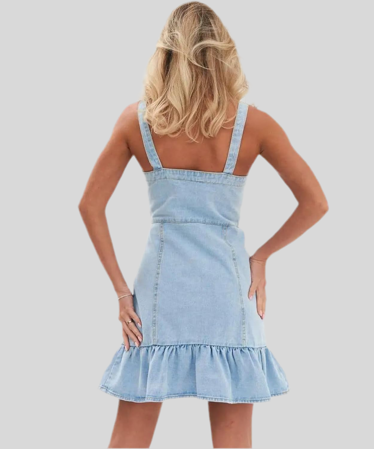 Sommer Jeanskleid Damen – Ärmellos, Knopfleiste vorne, Rüschen-Saum, Figurbetont