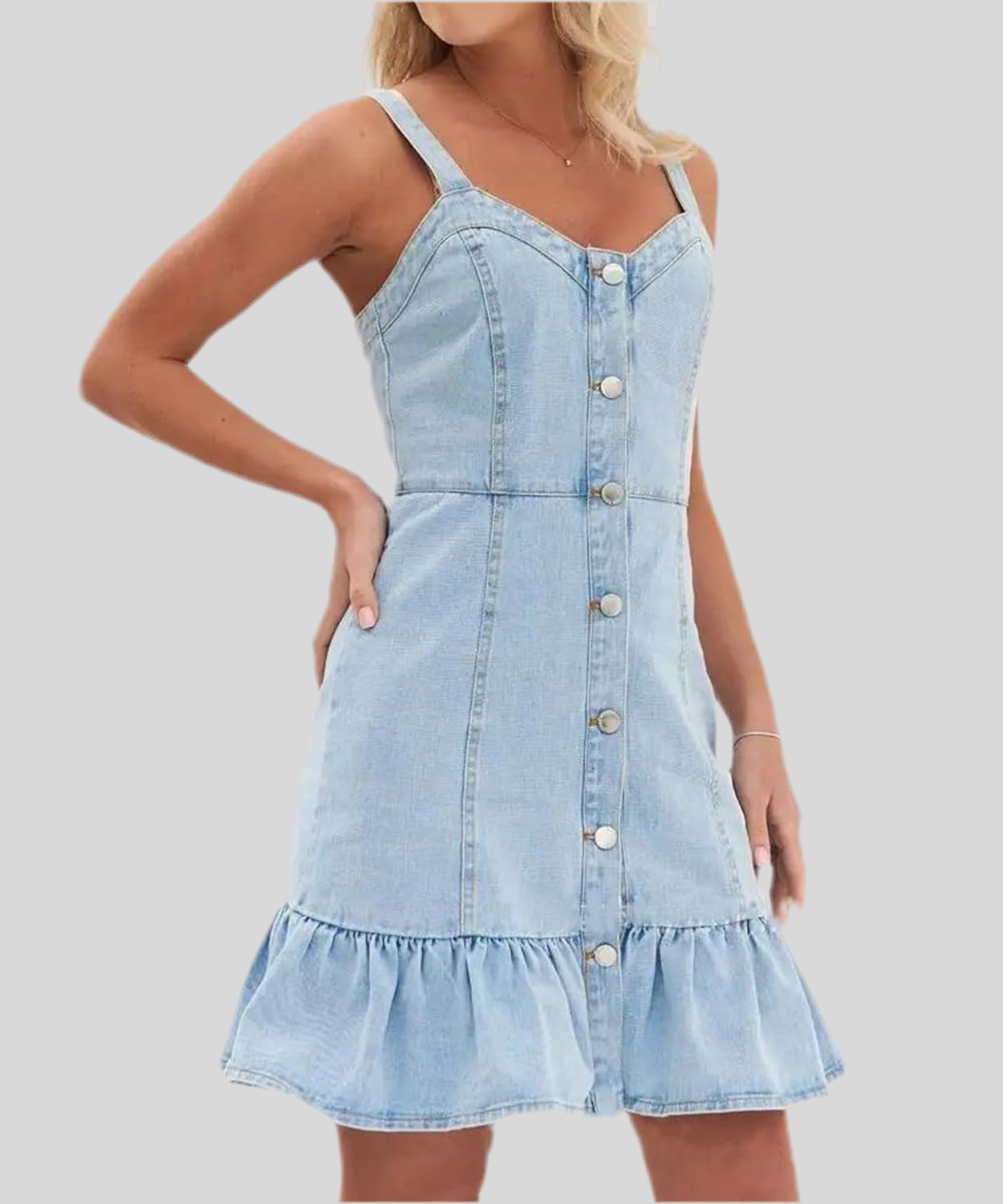 Sommer Jeanskleid Damen – Ärmellos, Knopfleiste vorne, Rüschen-Saum, Figurbetont