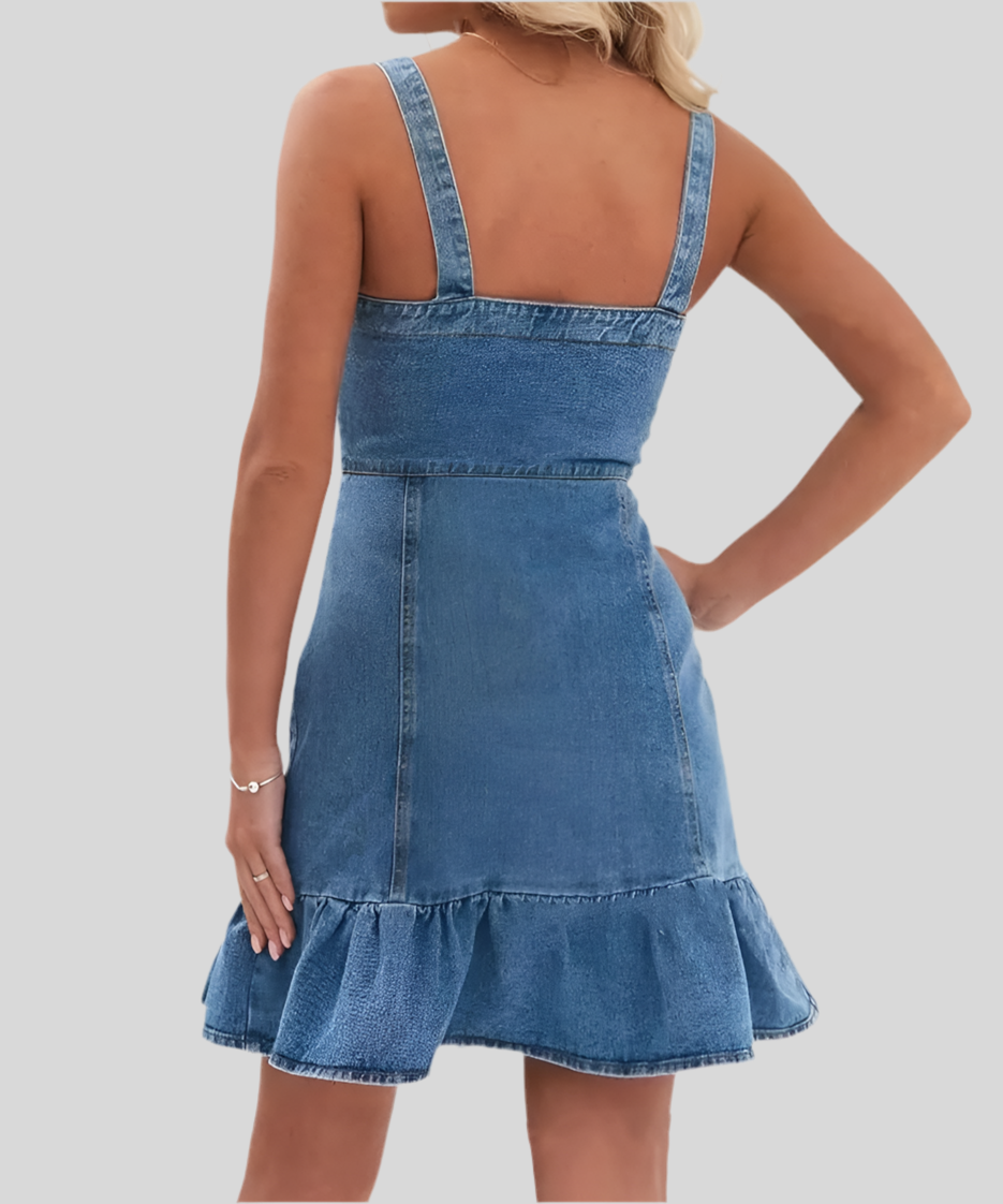 Sommer Jeanskleid Damen – Ärmellos, Knopfleiste vorne, Rüschen-Saum, Figurbetont