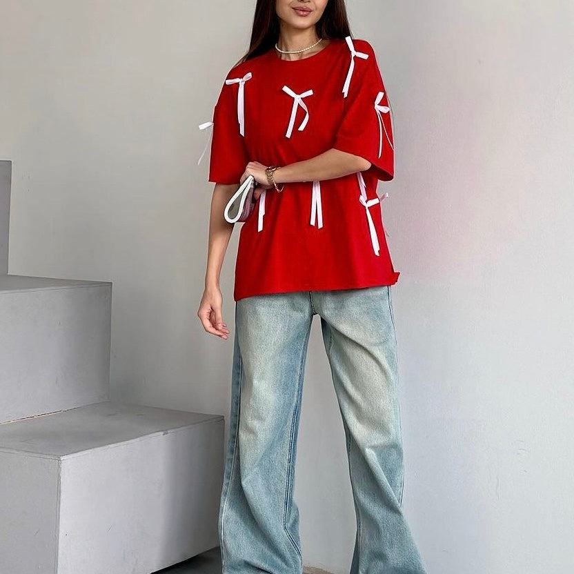 Lässiges Baumwoll-T-Shirt mit Bändern