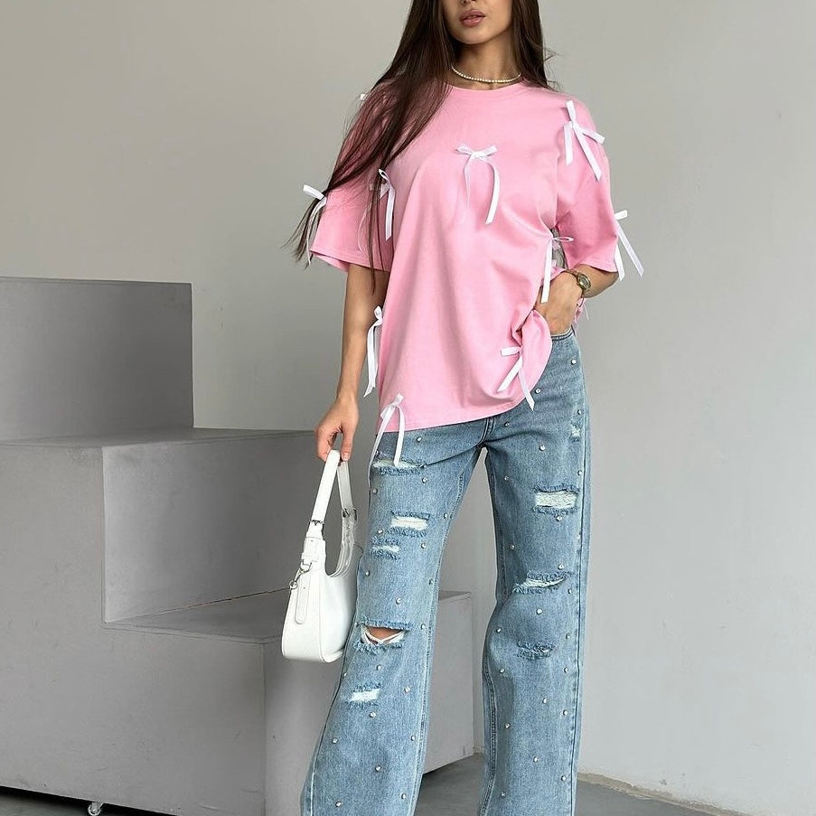 Lässiges Baumwoll-T-Shirt mit Bändern