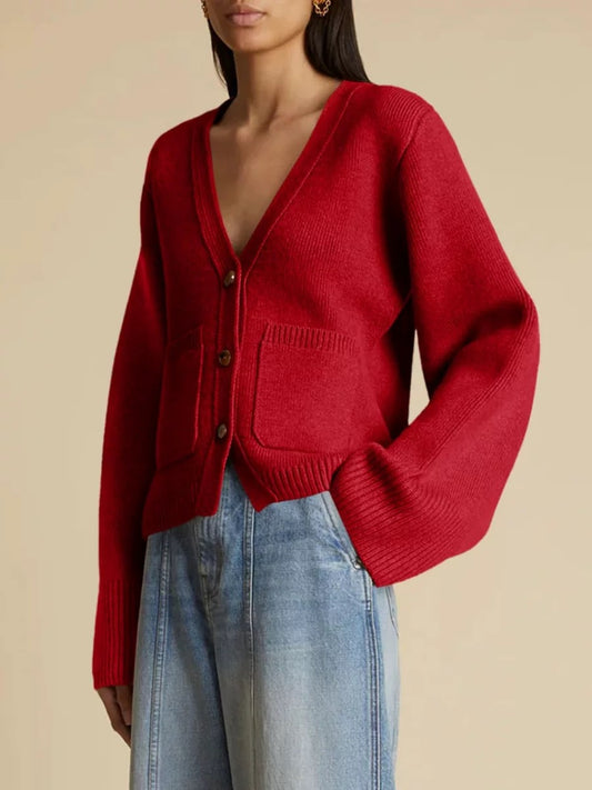 Basic Damen Cardigan – Rot, Knöpfe & Taschen